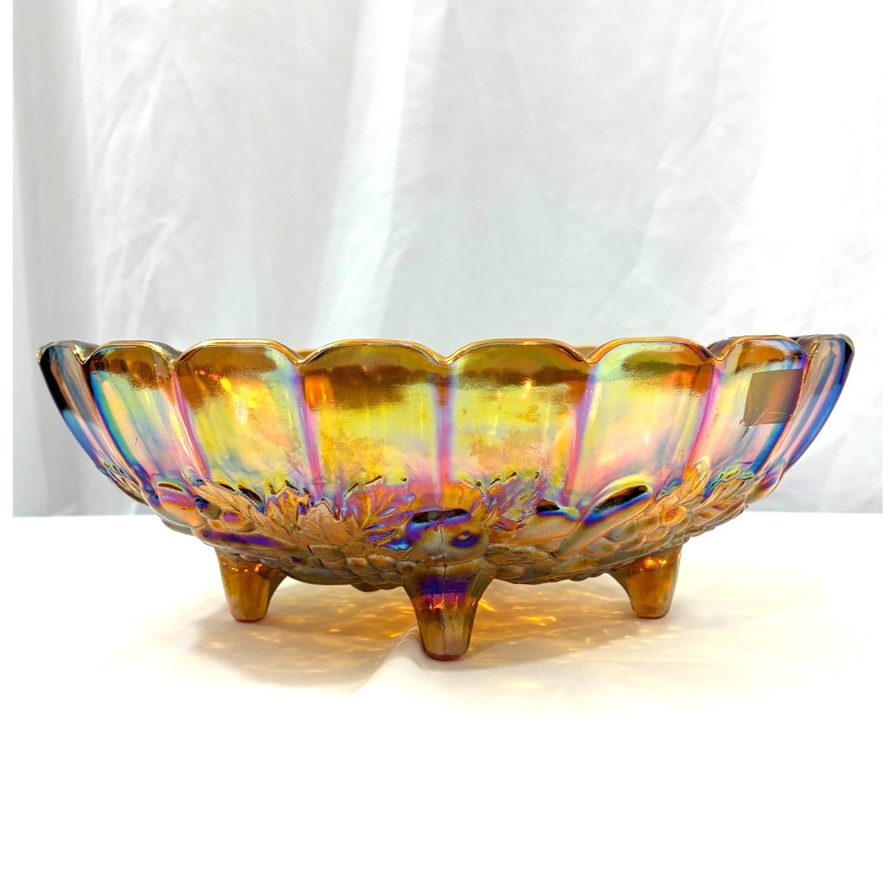 Vintage Amber Carnival Glass Footed Fruit Bowl– Iridescent Marigold Grape & Leaf